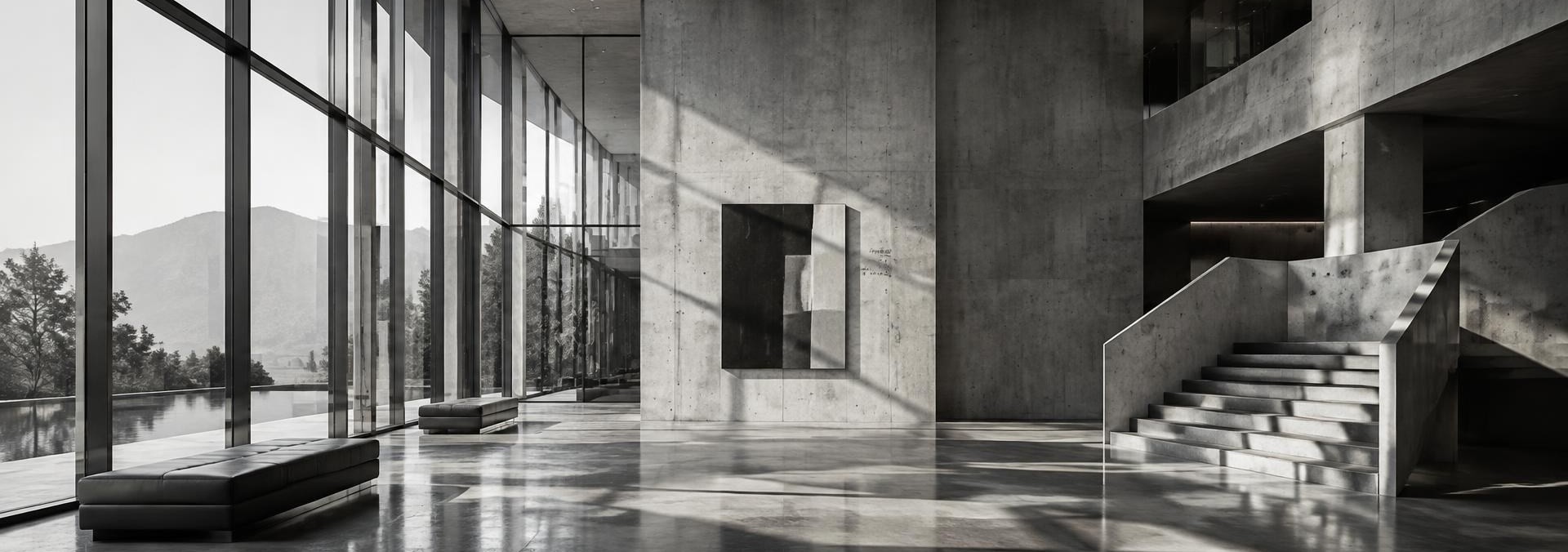 Lichtdurchflutetes Atrium aus Sichtbeton und Glas