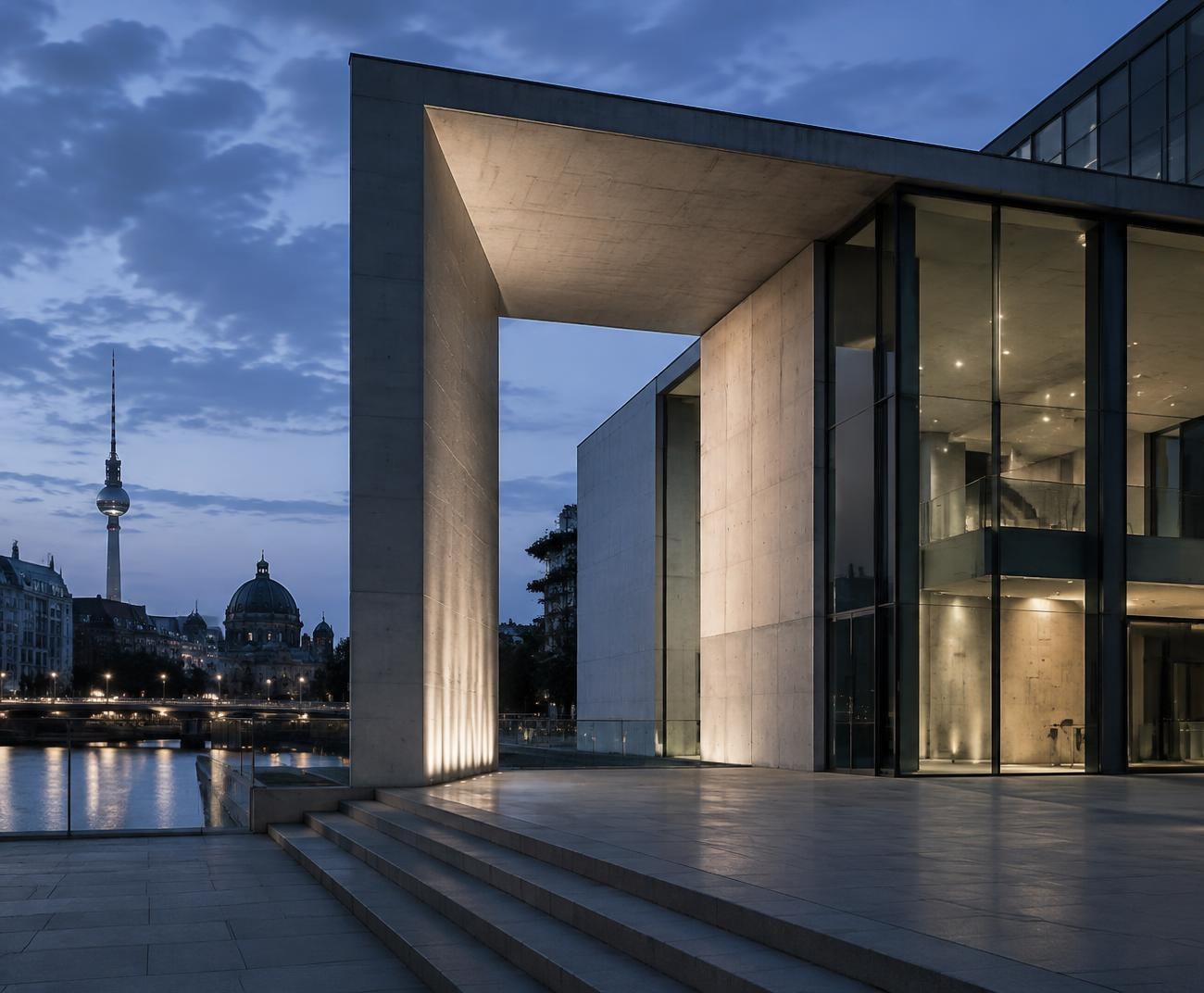 Moderne Architektur aus Beton und Glas in Berlin zur blauen Stunde